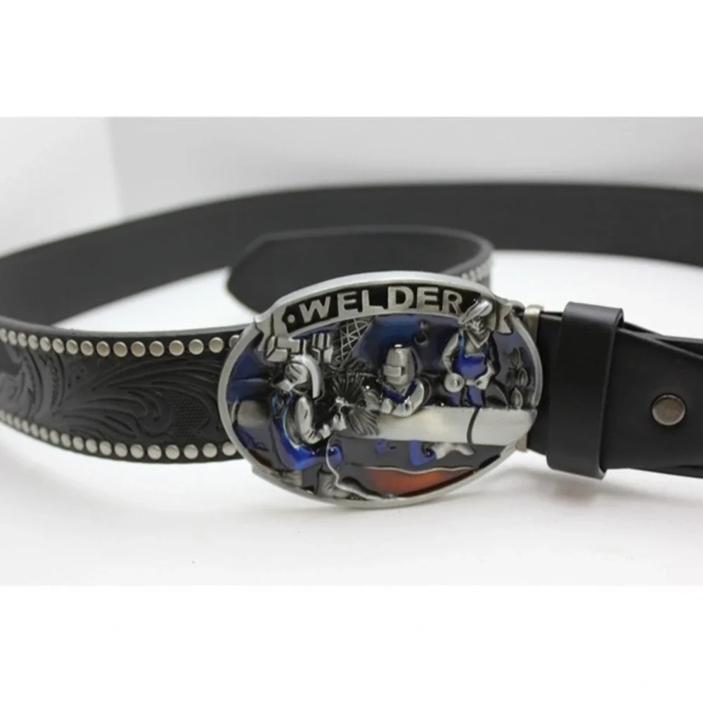 Welder Belt Buckle with Black Studded Floral Embossed Western Strap Mens